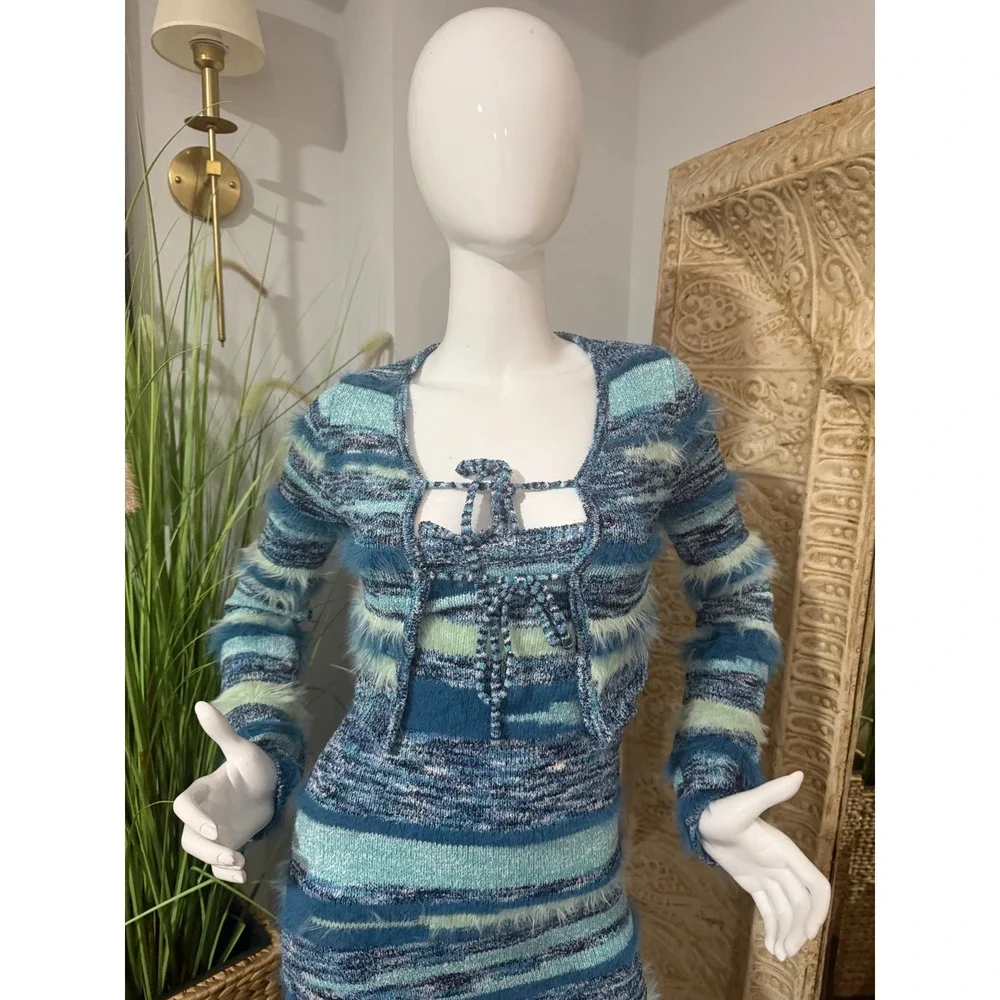 MICAS Blue Feather Detail Striped Knit Midi Dress & Cardigan 2 Piece Set Size L